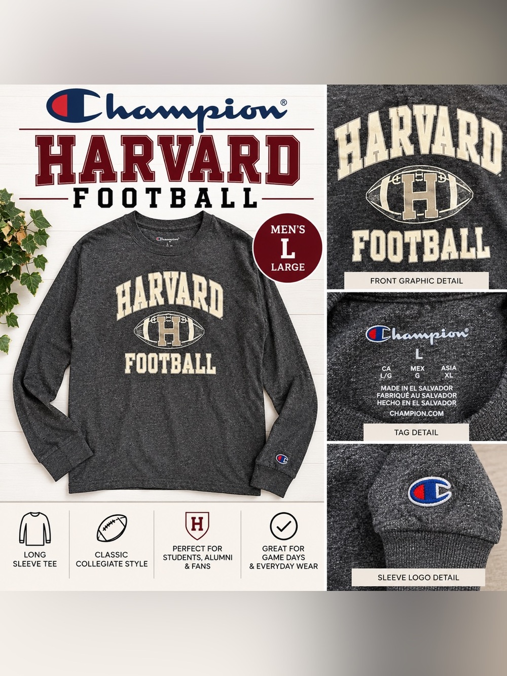 Champion Harvard Football Long Sleeve Tee Men’s Large Gray
